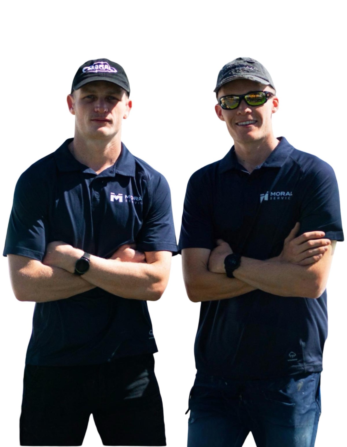 Shaun and Justin Ridley, the two brothers behind Moral Service, standing side by side in their navy work polos
