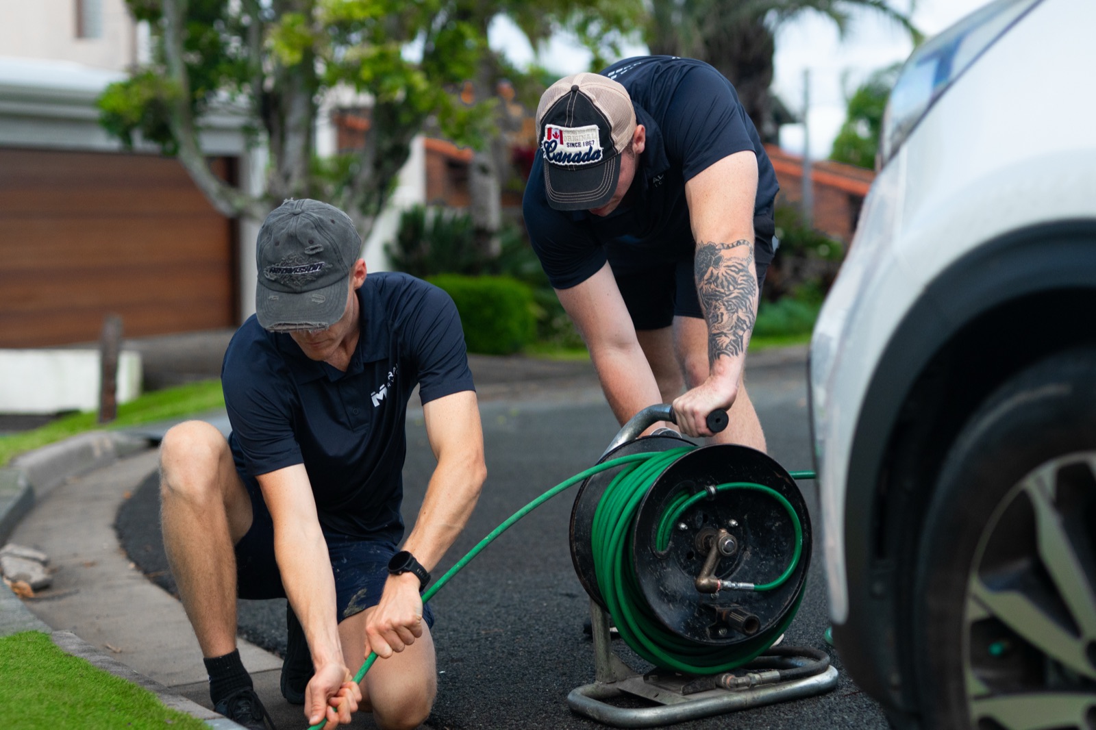 The CCTV drain inspection reel set up at the kerb on a Gold Coast job