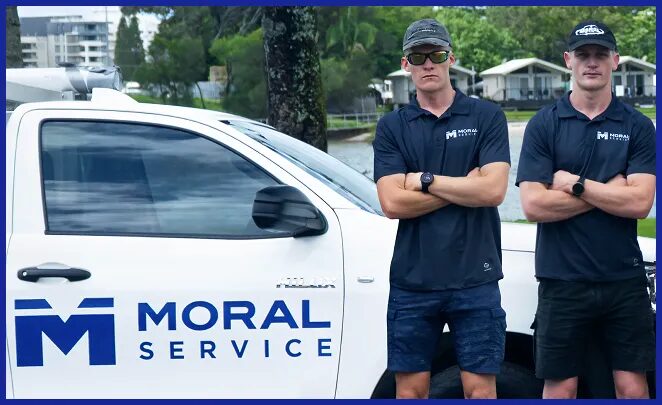 Shaun and Justin Ridley today, standing with the Moral Service ute on the Gold Coast